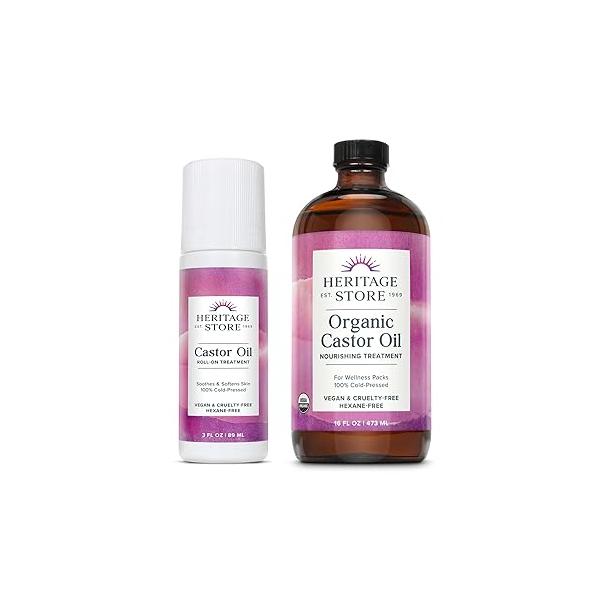 HERITAGE STORE Castor Oil Roll On and Organic Bundle - Nourishing Treatment for Hair, Skin, Lashes Brows, Packs Cold Pressed, Hexane Free, Vegan, 60-Day Guarantee, 3oz/16oz