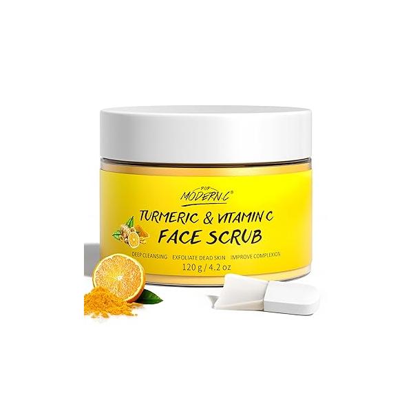 Vitamin C and Turmeric Face Scrub Cream Organics Microdermabrasion Facial Exfoliating Clears Blackheads Improve Dark Spot Acne with Strawberry Extract Exfoliator