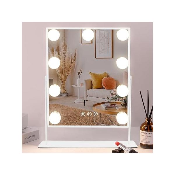 COOLJEEN Vanity Mirror with Lights, 9 Led Bulbs Lighted Makeup Detachable 10X Magnification Mirror, Hollywood 3 Color Lights Tabletop 360°Rotation