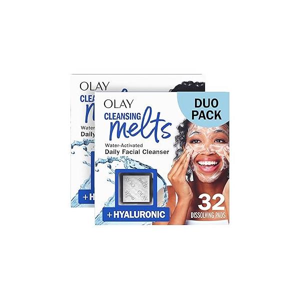 Olay Cleansing Melts + Hyaluronic Face Cleanser, 64 ct. total (2 x 32 ct.), Water-Activated Wash to Clean, Tone, and Refresh, Fragrance-Free