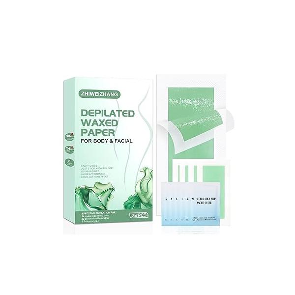 Wax Strips for Hair Removal Women & Men - 72 Count At-Home Waxing Kit (48 Body + 24 Face) with 8 Soothing Wipes | No Heat Needed Bikini, Brazilian, Face, Legs Painless Beginner Friendly