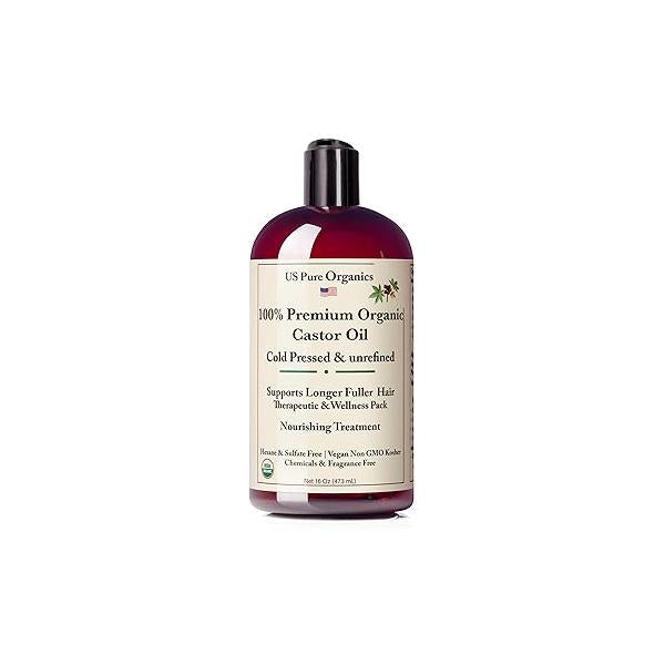 Premium Organic Castor Oil Cold Pressed Unrefined For Skin Scalp Hair Growth Eyelashes & Eyebrows, Therapeutic Detox. Hexane Chemicals Free 16Oz