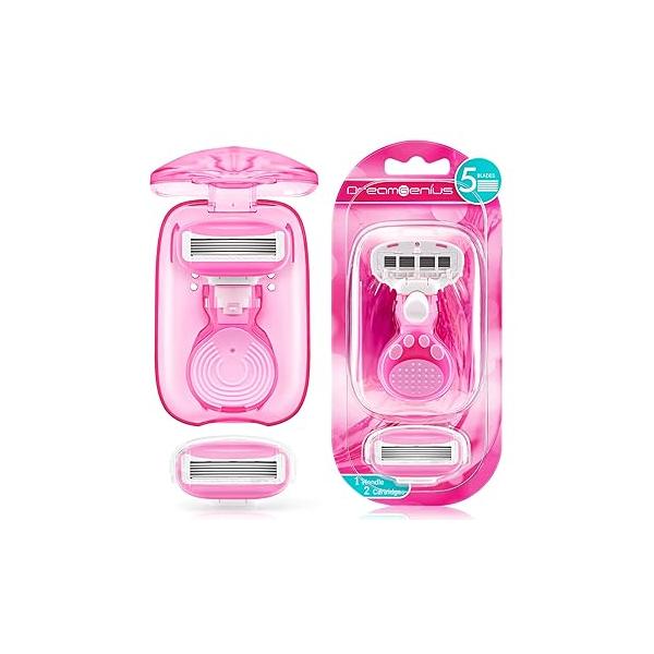 DreamGenius Travel Razors for Women, Size Toiletries Include 1 Handle and 2 Cartridges, Extra Smooth 5-Blade Essentials Razor with Case Shaving, Pink