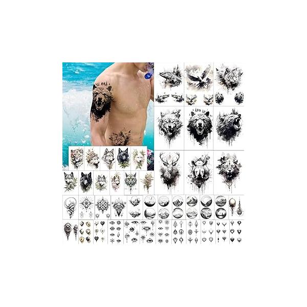 GLARYYEARS Temporary Tattoo for Men, 44-Pack Large+Small size Realistic Tattoos, Long-lasting Fake Stickers, Cool Black Body Half Arm Bear Lion Wolf Tiger Rhino Deer Evil Eyes Design