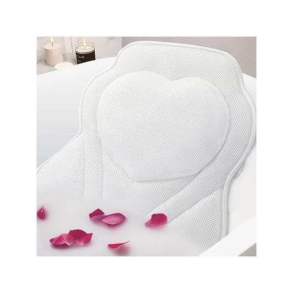 LuxStep Bath Pillow-Bathtub Pillow with Air Mesh Fabric & 6 Non-Slip Suction Cups, Pillows for Tub Head, Neck and Back Support, Accessories Spa Gifts, White