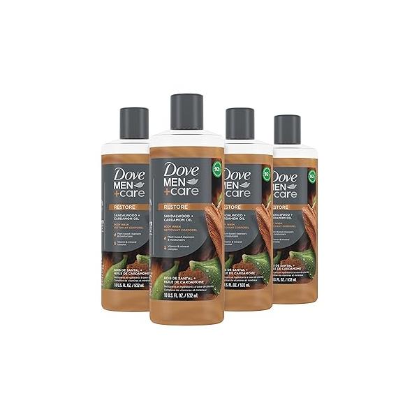Dove Men+Care Body Wash Sandalwood + Cardamom Oil 4 Count to Rebuild Skin in the Shower with Plant-Based Cleansers and Moisturizers 18 oz