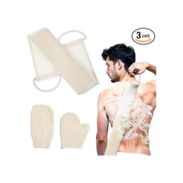 3 Pack Natural Loofah Sponge Exfoliating Body Scrubber Set Shower Bath Glove Long Washcloth Towels Luffa Pads Mitts for Men and Women Back Deep Clean Remove Dead Skin
