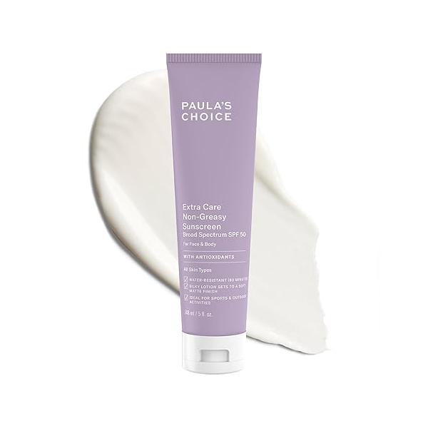 Paula's Choice Extra Care Non Greasy, Oil Free Face & Body Sunscreen SPF 50, UVA UVB Protection, Water Sweat Resistant, 5 Ounce