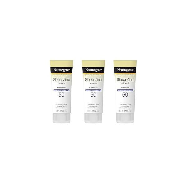 Neutrogena Sheer Zinc Oxide Dry-Touch Mineral Sunscreen Lotion, Broad Spectrum SPF 50 UVA/UVB Protection, Water-Resistant, Hypoallergenic and Non-Greasy, Paraben-Free, 3 fl. oz, Pack of