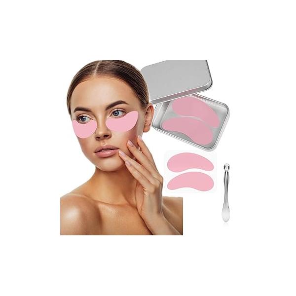 Under Eye Patches, Reusable Wrinkle Silicone Mask Pink, Plump Fine Lines & Wrinkles with Metal Cream Applicator, Tin Case