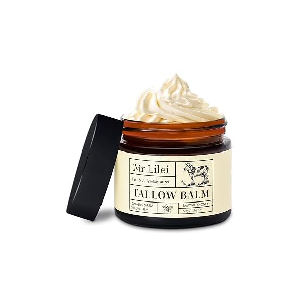 Grass-Fed Beef Tallow Balm for Skin with Raw Honey - Face & Body Moisturizer Natural Whipped Care Cream Dry Skin- Hydrating Lotion Nourishment (50g/1.76oz)