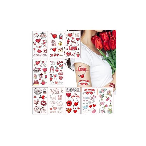 Valentine's Day Temporary Tattoo Tattoos for Women Men Boys Girls Body Art Decoration Flower Lips Heart Balloon Gifts Stickers Sticker Couple's Favors Supplies(10 Sheets)