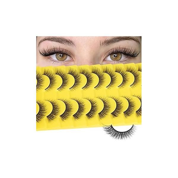 Natural Lashes 14mm Short False Eyelashes Look Fox Eye Faux Mink Wispy Strip Cat Thin Band Fake 10 Pairs Pack Soft