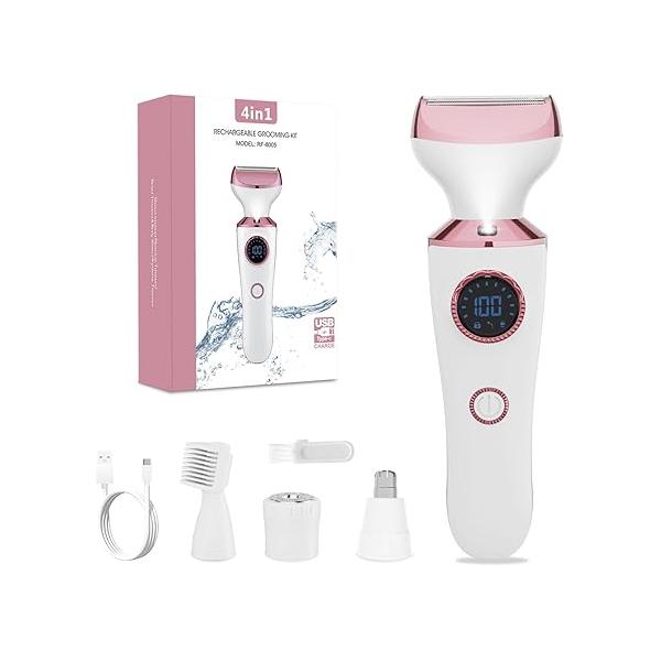 Electric Razor for Women, 4-in-1 Bikini Trimmer & Body Shaver Face, Legs, Underarms, Pubic Hair, Rechargeable Wet/Dry Painless Hair Removal with LED Light Travel Lock