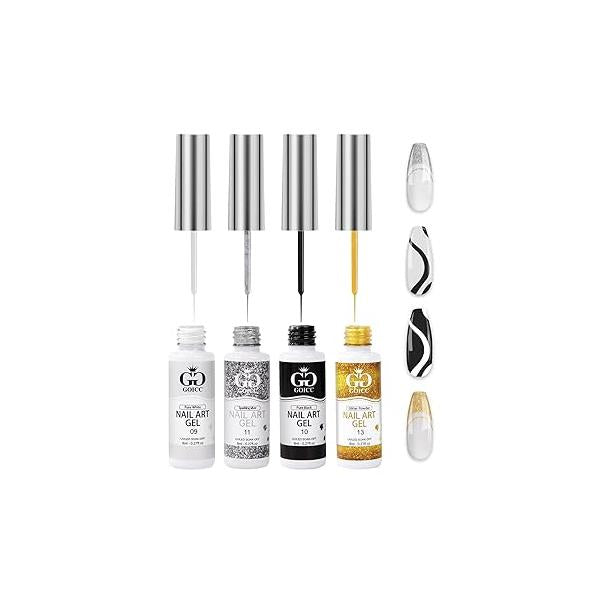 Nail Art Polish Set Gel Liner Kit For Design Paint 4 Colors Black White Soak off Curing Requires 8ml with Thin Brush