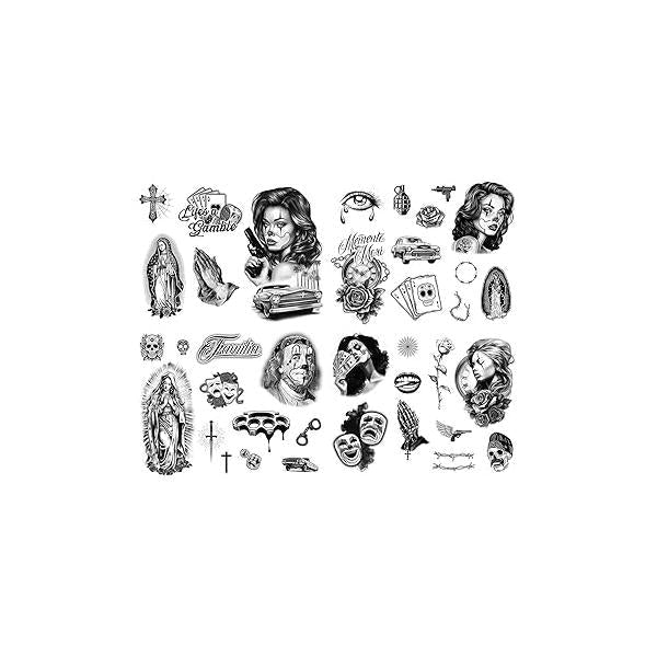 Los Vatos Chicano Vol. I - Cholo and Chola Temporary Tattoos For Men Women, Payasa, Lowrider, Virgin Mary, Prayer, Cross, Chicana, Gangster, Fake Tattoo, Día de Muertos, Tatuajes Temporales