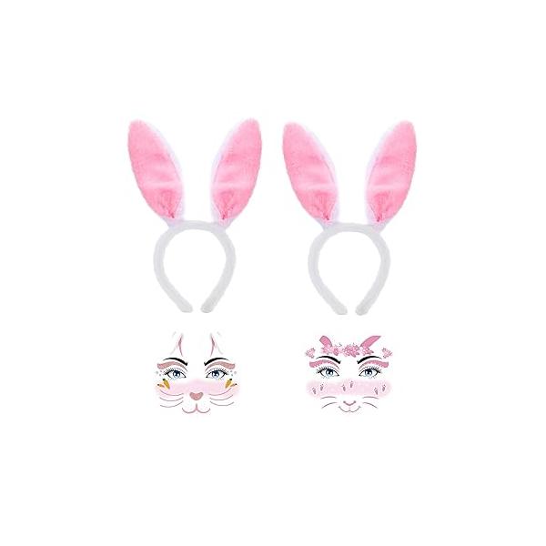 Konsait Bunny Ears Headband with Face Stickers Tattoos, Easter Ear Rabbit Temporary Makeup Tattoos Costume Accessories for Women Girls