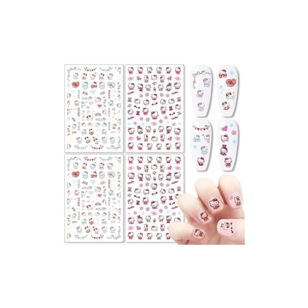 Cute Nail Stickers Decals 3D Self Adhesive Design Cartoon Cat for Women Girls DIY Manicure Tip 4 Sheets Kawaii Art Decoraiton Accessory