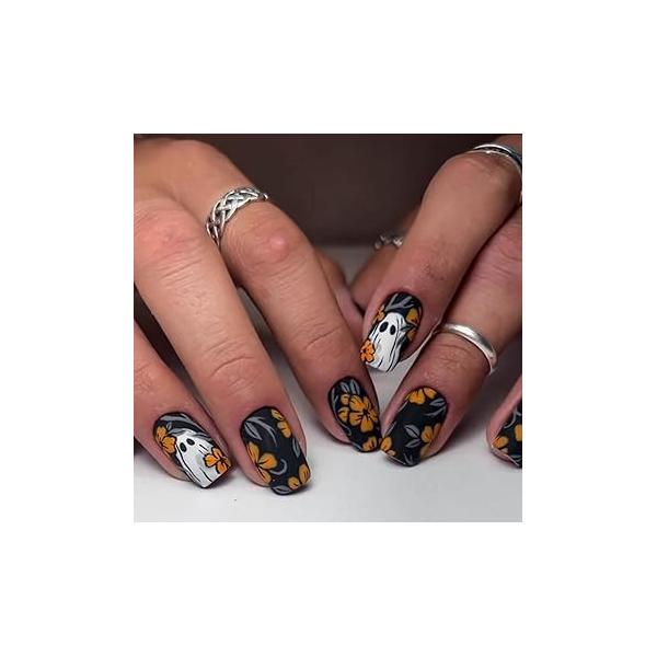 Halloween Press on Nails Medium Square Fake with Yellow Flowers Leaves Designs White Ghost Artificial Matte Black Glue Cute Stick for Women DIY Manicure Decor