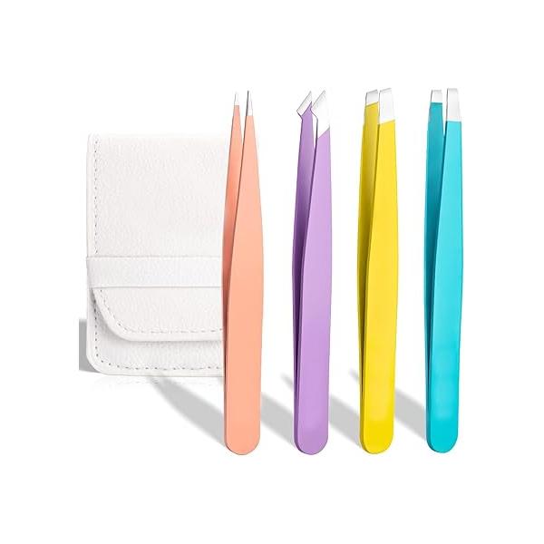 Tweezers Set 4Pcs Eyebrow Tweezer Kit Slanted & Pointed Stainless Steel Tweezers,Tweezer for Shaping Eyebrows Eyelash,Great Beauty Tool Facial Hair,Splinter and Ingrown Hair,Blackhead Removal