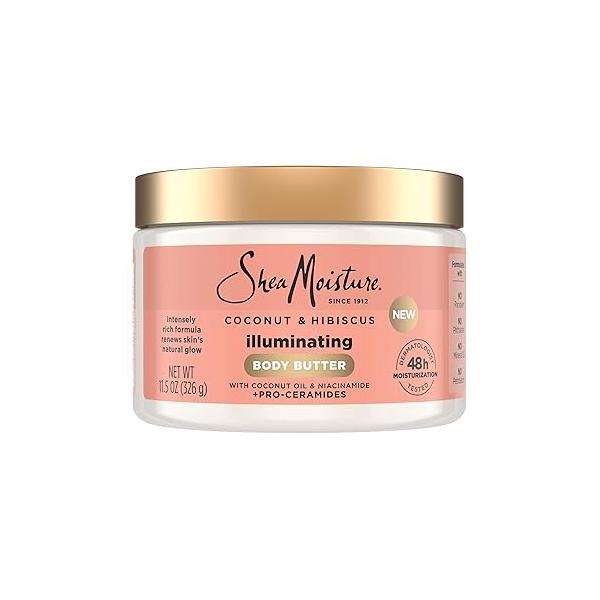 SheaMoisture Illuminating Body Butter with Coconut & Hibiscus, Niacinamide and Pro-Ceramides, Renewing Skin’s Natural Glow, 48H Moisturizing 11.5 oz