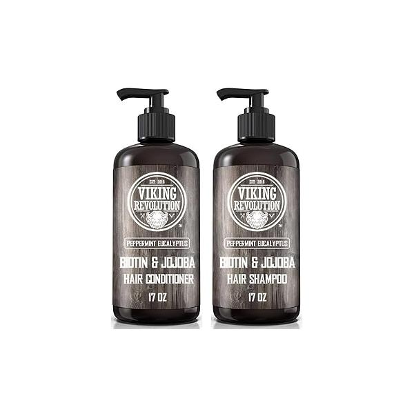 Viking Revolution Biotin Mens Shampoo and Conditioner Set - Eucalyptus with Jojoba Oil Mint Peppermint Hair for Men (17 Oz)