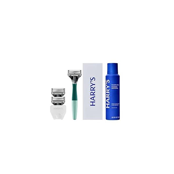 Harry's Shaving Kit for Men - Razor Handle, 3 Blade Refills, Foaming Shave Gel, and Travel Cover Sage