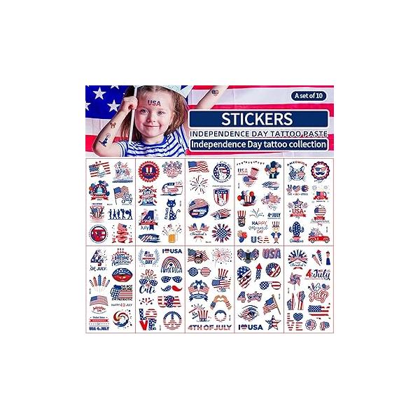 4th of July Independence Day Tattoo Sticker American Flag USA Temporary Tattoos Waterproof Face Body Arm Patriotic Memorial for Child Adult Party Decor (10 Sheets, 68 * 120mm/2.68/4.73in)