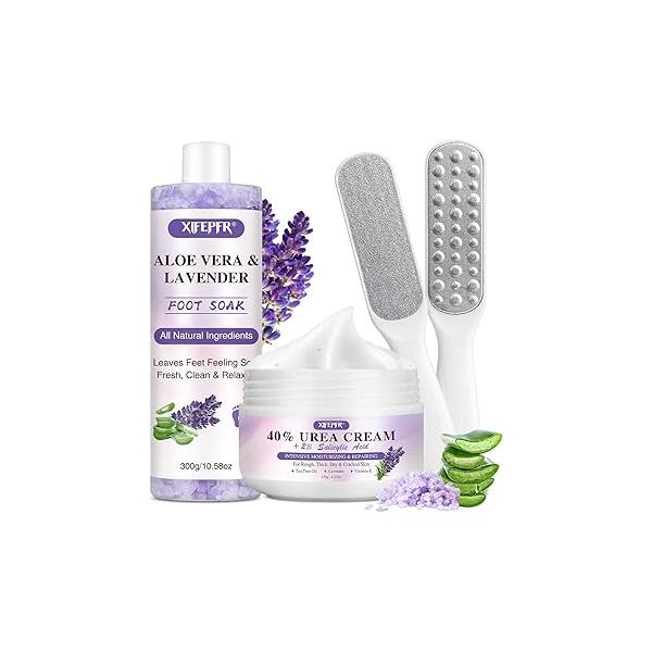 Foot Soak Set Callus Remover Pedicure Kit - Urea Cream 40%, Lavender Salt with Epsom & File for Dead Skin, Care Dry Cracked Heels at Home
