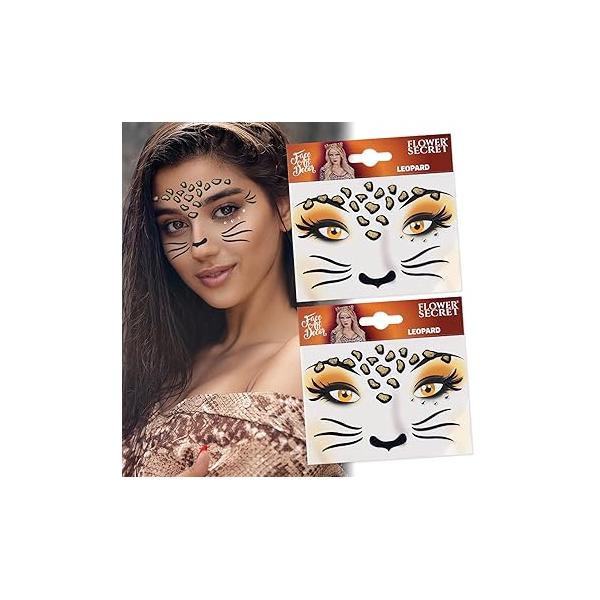Totelux Leopard Face Tattoos Stickers Glitter Jewels Cute Cheetah Animal Temporary Tattoo for Adult Kids Makeup Winter Birthday Festive Cosplay Party Decoration Supplies 2Pcs