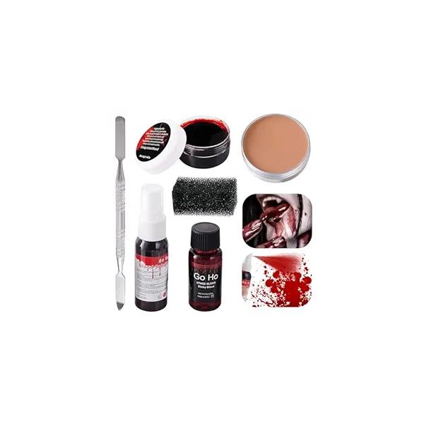 Go Ho Halloween Makeup Kit,Scar Wax+ Blood Splatter+ Sticky Edible Blood+ Coagulated Gel and Sponges for SFX Cosplay Vampire Zombie