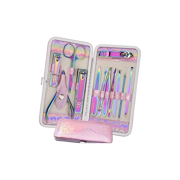 Manicure Set Nail Clippers Pedicure Kit - 12pcs Stainless Steel Kit, Colorful Professional Care Files & Scissors Tools for Hands Foot Facial Pink