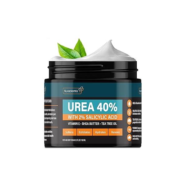 NUVADERMIS Urea Cream 40 Percent for Feet - 40% Foot Repair Lotion Maximum Strength For Dry Cracked Heels 2% Salicylic Acid, Shea Butter, Tea Tree Oil, Vitamin E 5.29 oz Jar