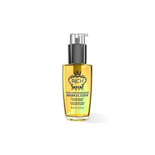 RICH Pure Luxury Rejuvenating Hair Argan Oil Elixir for All Types - Repair Dry and Damaged Enriched with Oil, Sweet Almond Omega 6 & 9 Heat Protective 2.3 Oz