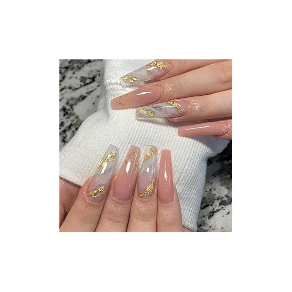 Pink Press on Nails Long Coffin Fake Gold Heart False Full Cover Acrylic Glossy Artificial Marble Design Luxury for Women and Girls Valentines Nail Decorations