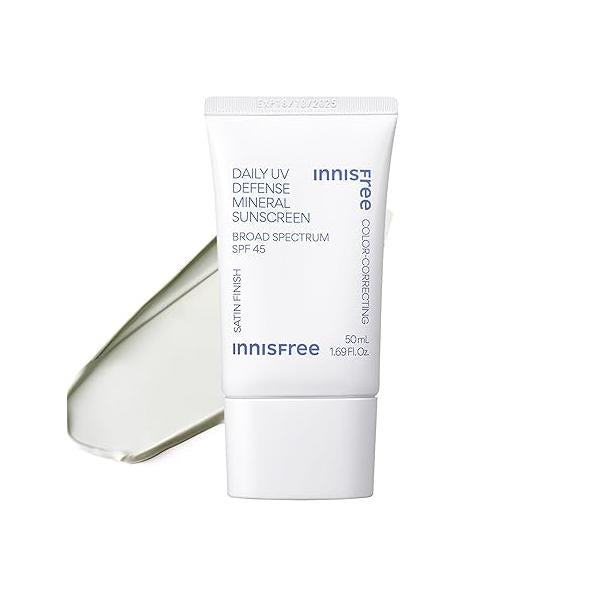 innisfree Daily UV Defense Mineral Sunscreen Broad Spectrum SPF 45 with Hyaluronic Acid, Korean for Face Color Correcting Green Tint