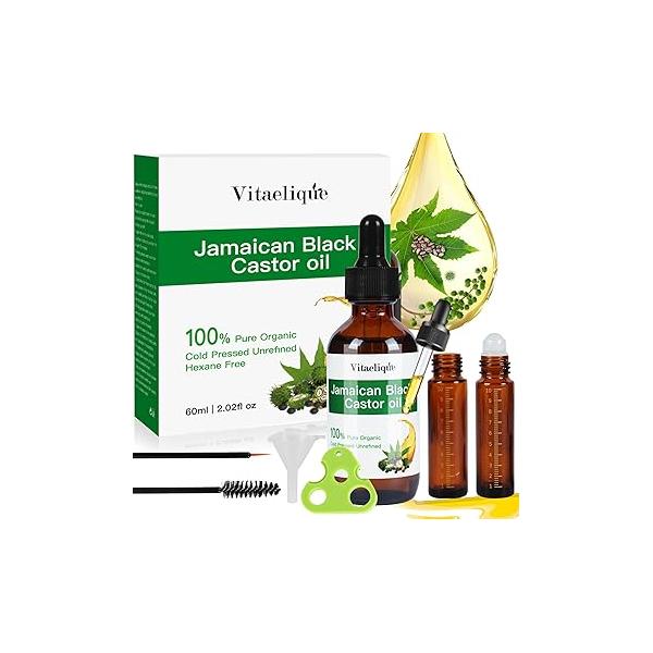 Jamaican Black Castor Oil, Cold Pressed Organic Pure Unrefined Glass Bottle Hair Oil For Growth, Natural Carrier for Thicker Eyebrows Eyelashes, Scalp, Face, Skin Moisturizer