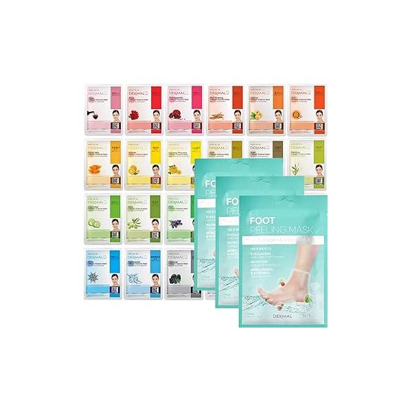 DERMAL 24 Combo Pack Collagen Essence Full Face Facial Mask Sheet + Foot Peeling 3 For Dry And Cracked Heel & Callus With Aloe Vera