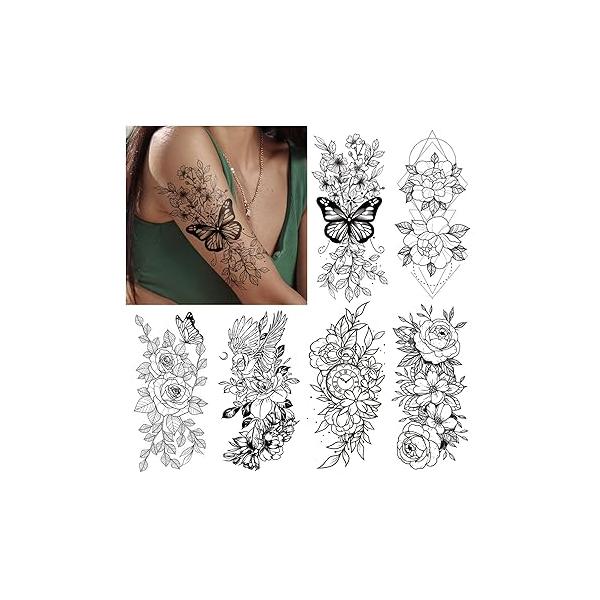 Cerlaza Temporary Tattoos for Women, Large Realistic Body Tattoo Stickers, Fake Semi Permanent Include Butterfly Rose, Henna Adults (12 Sheets)