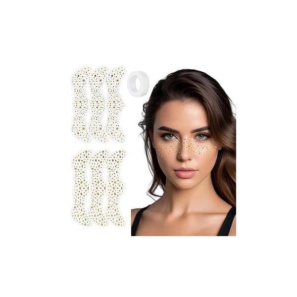 Glitter Freckles Face Tattoo, Gold Temporary Tattoos,Sparkle Makeup Patches, Cute & Waterproof Accessories For Women Girls, 6 Pcs (Set B(3pcs brown+3pcs rose gold)))