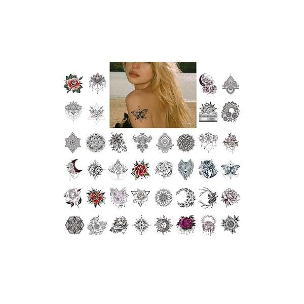 Large Realistic Black Henna Flower Temporary Tattoos Individual 40 Pack for Adults Women and Girls, Long Lasting Fake Hand Neck Arm Body Art Stickers - Peacock, Flower, Rose, Wolf Styles