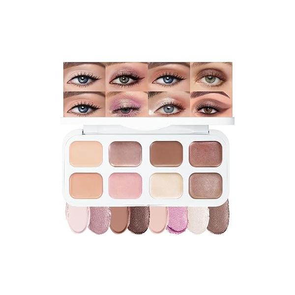 evpct 8 Colors Cream Eye Shadow Palette Makeup for Older Women, Nude Rose Pink Coffee Beige Brown Matte Shimmer Glitter Metallic Dual Eyeshadow Pot creme, Brightener Highlighter