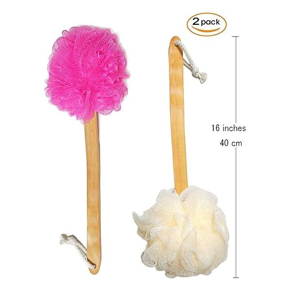 Shower Loofah Body & Back Scrubber - Exfoliating Bath Brush On a Stick with Long Wooden Handle for Men Women Easy Reach Wash Lotion Applicator( 2 Pack- White&Green)
