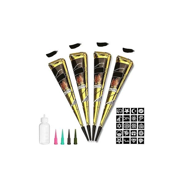 Temporary Tattoos Kit, 4Pcs Black Tattoo Paste Cones, 100% Natural Ready to Use Paste, India Body DIY Art Painting for Women Men Kids with 20 Adhesive Stencils, 1 Bottle, 4Nozzles