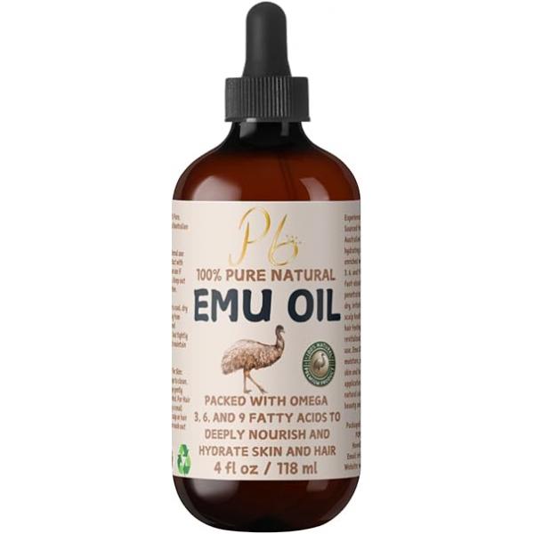 Emu Oil, 100% Pure Australian Oil - Refined & Unscented Natural Moisturizer for Hair, Skin, Face Body Helps with Scars, Dry Skin Massage 4 fl oz Glass Bottle