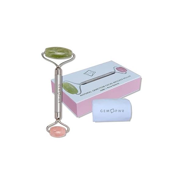 Rose Quartz + Jade Roller for Face and Neck Massage, Dual Gemstones with Durable Steel Handle Travel Bag. Minimize Wrinkles, Reduce Puffiness Restore Skin's Elasticity Radiance