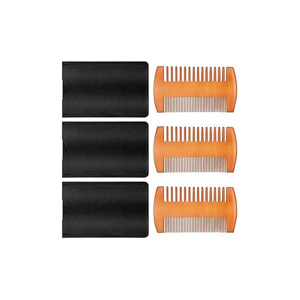 Natural Sandalwood Wooden Dual Action Beard and Mustache Comb Set with Leather Cases for Beards Mustaches (Black, Yellow, Brown)