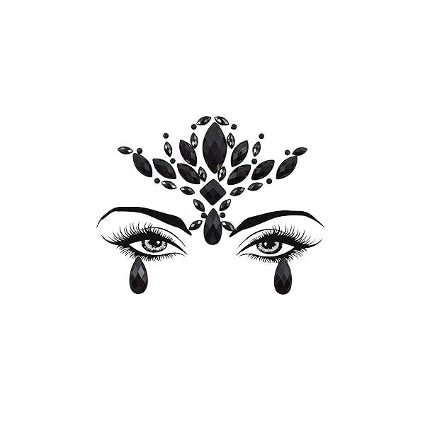 Topz Black Flower Face Jewels for Halloween Costume Makeup - Cat Women Mermaid Day of the Dead Gems Stick-on Tattoos Fairy Accessories (Black-S095)
