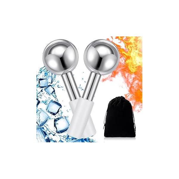 Baderke 2 Pcs Ice Globes for Face Stainless Steel Cooling Unbreakable Roller Women Balls Cryo Sticks Skin Care Dark Circles, Puffiness(Gold (white Handle))