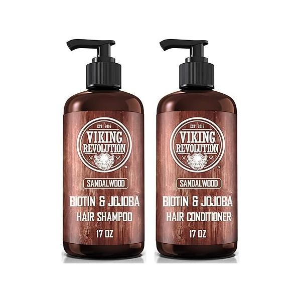Viking Revolution Sandalwood Shampoo and Conditioner Set with Biotin Jojoba Oil - Natural Hair for Men Vitamin B5 (17 Oz)